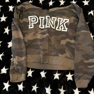 Pink green camouflage tracksuit with half shoulder sweater and sweatpants size M